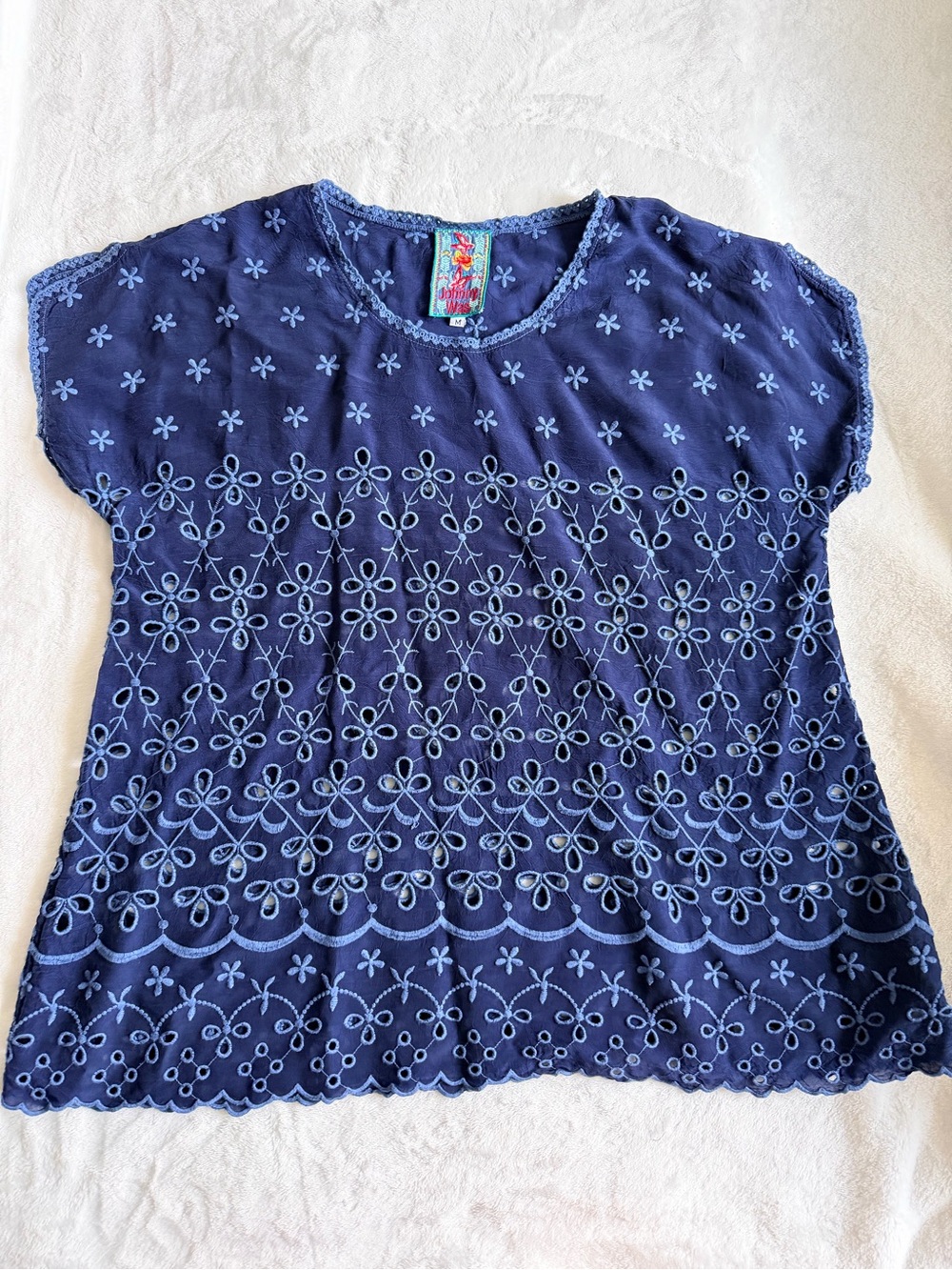 Johnny Was Navy Blue Embroidered Short Sleeve Top Size M